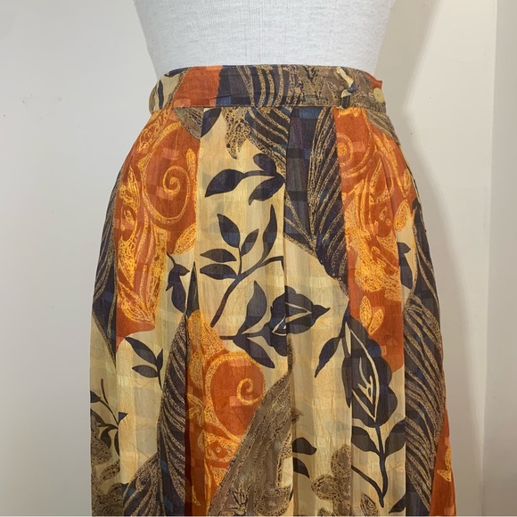 014 Libra Midi Skirt Pleated Vintage Lined Brown Orange Beige Mix Floral UK 12 - Picture 5 of 14